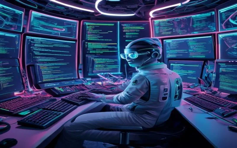 Programmer focused on coding in a futuristic studio