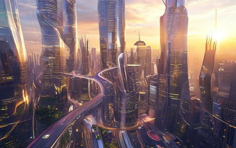 Arsitektur futuristik, gedung kaca bersinar di senja