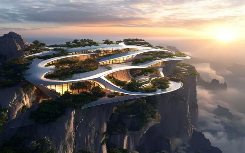 Arsitektur futuristik biomorphic terintegrasi alam, di tebing berkabut saat fajar keemasan.