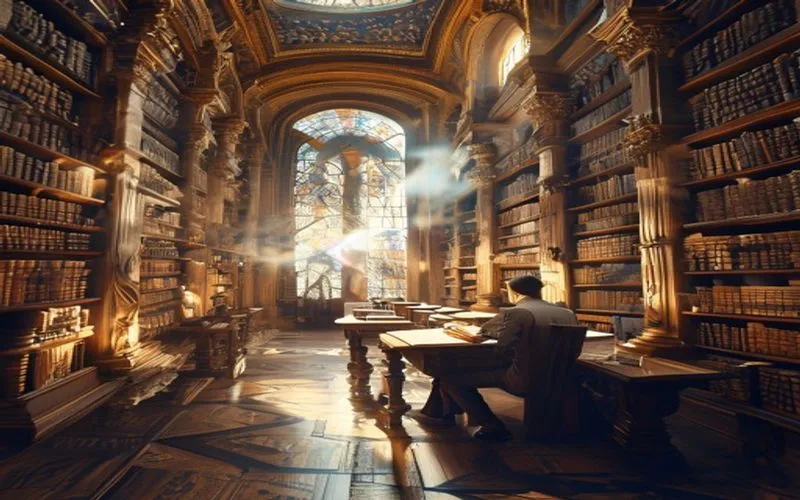 Penulis klasik di perpustakaan megah, karakter buku hidup.
