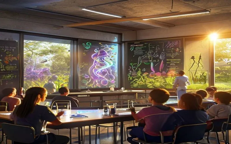 Kelas biologi modern dengan hologram DNA dan eksperimen hidup