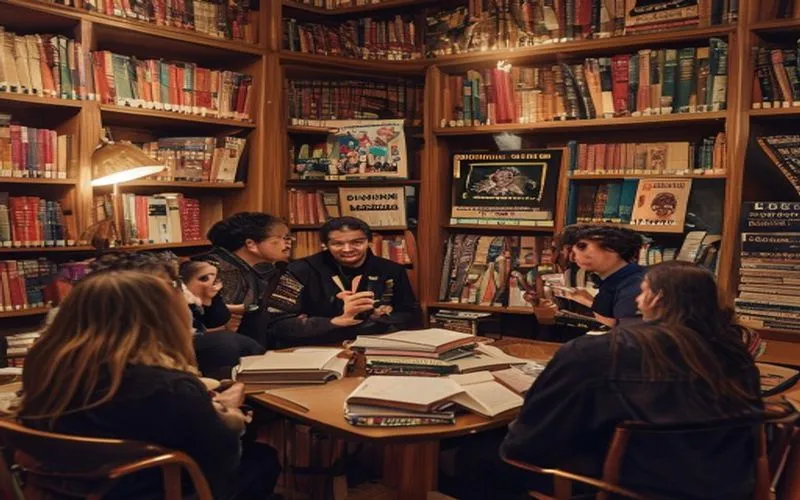 A captivating and academically-focused image featuring a group of passionate students learning about sociology, immersed in a library filled with books and inspiring quotes. Their involved professor, exuding knowledge and enthusiasm, stands nearby, supporting the students in-depth discussion.