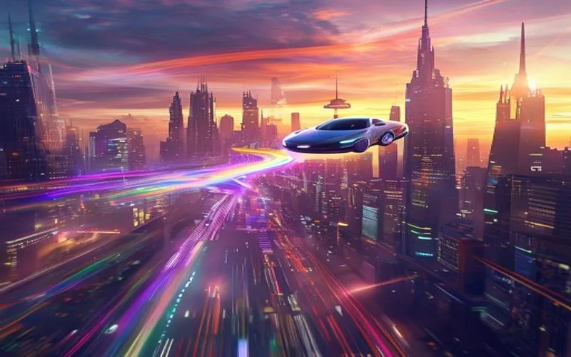Modern hovercar over cityscape at dusk