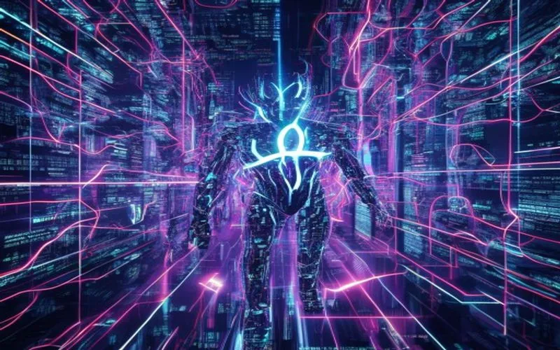 Gabungan teknologi AI dan algoritma Machine Learning dalam kota futuristik yang megah dan penuh energi.