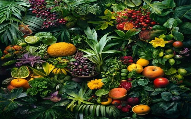 Gambar menggambarkan kebun tropis yang rimbun dengan berbagai ramuan obat, buah-buahan, dan sayuran yang ditata rapi, menekankan nilai gizinya. Dikelilingi latar belakang budaya dan kuliner global.