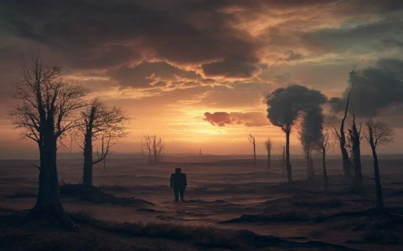 A wounded environment concerning global concepts and phenomena, showing weak trees and burnt oceans, with a lone figure in the foreground.