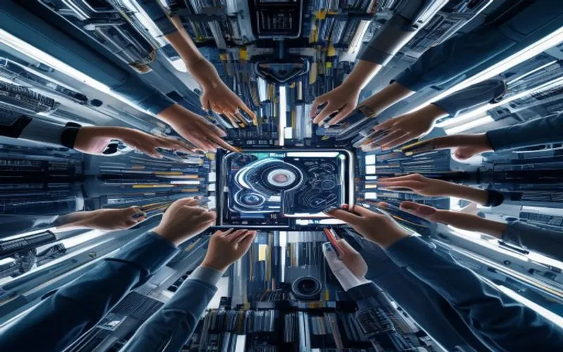 Fotorealistik fotografi yang menarik dan relevan dengan topik ini mengisahkan proses merakit alat elektronik di laboratorium futuristik.