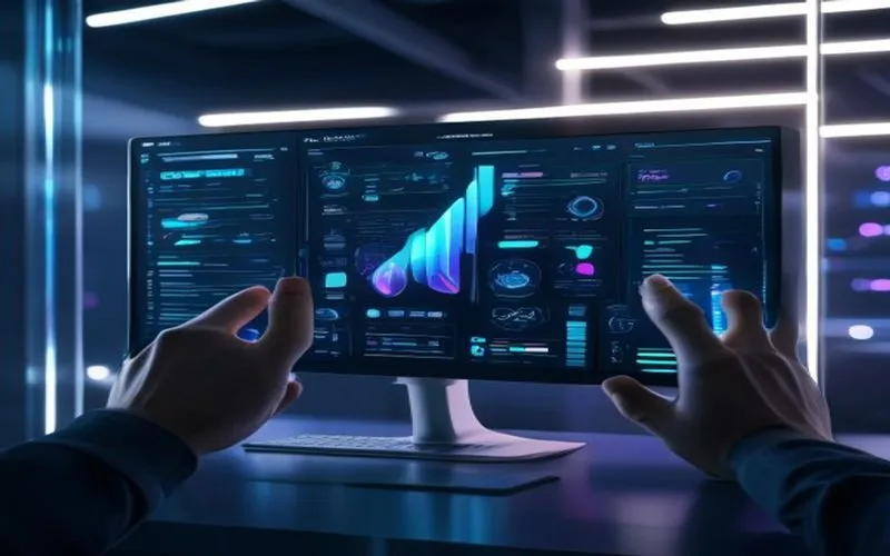 Visualisasi website perkakas digital futuristik dengan antarmuka bersih dan data dinamis yang canggih