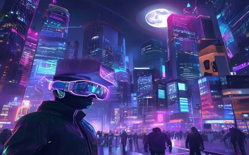 Futuristic blockchain city at night