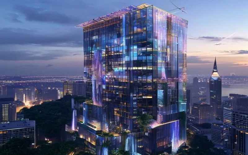 Menampilkan gedung pencakar langit futuristik dengan pencahayaan neon dan taman atap hijau.