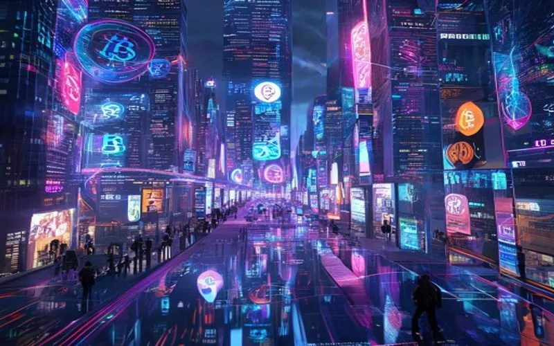 Futuristic city with crypto symbols, blockchain flows, and Web3 users