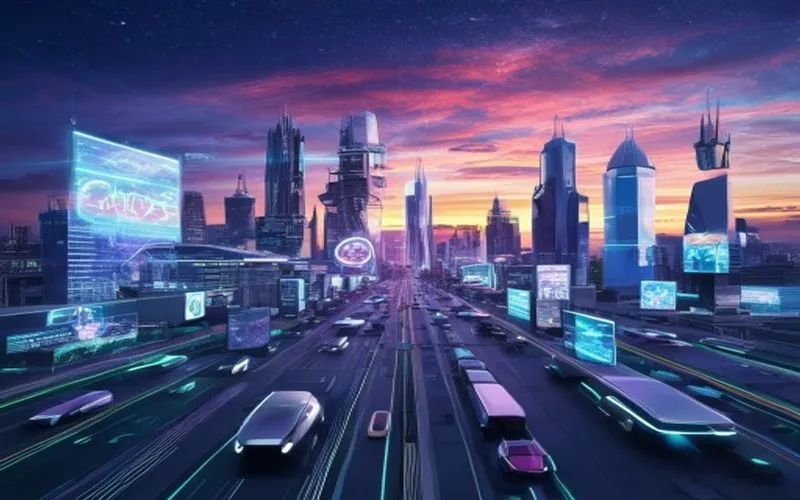 Futuristic city powered by advanced technology and programming modules, showcasing a vision of Web3 infrastructure.