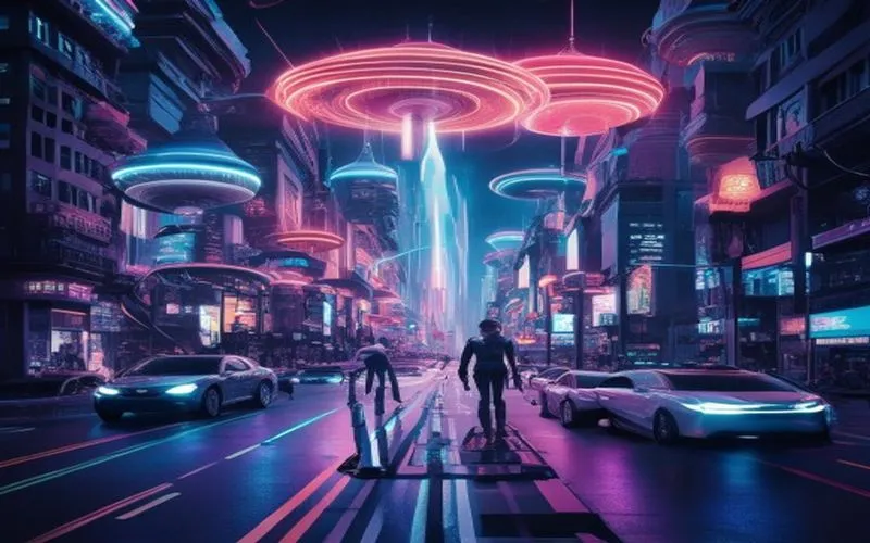 Gambar menarik dan terbuka menghadap kepada kota futuristik di bawah langit domes yang dikendalikan oleh IA