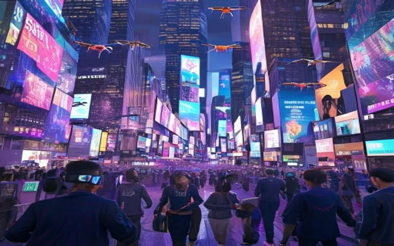Kota futuristik dengan AR, drone, dan warga berinteraksi teknologi