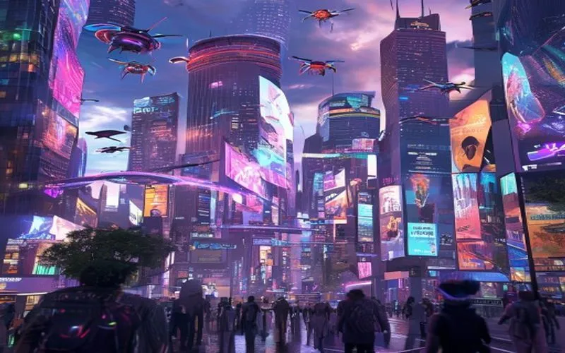 Kota futuristik dengan cahaya neon, drone, dan AR