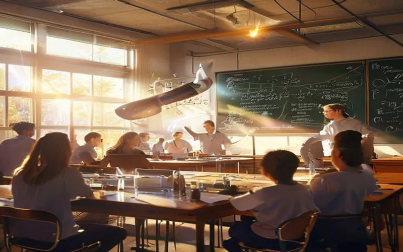 Kelas fisika sekolah, siswa bereksperimen dengan magnet superkonduktor