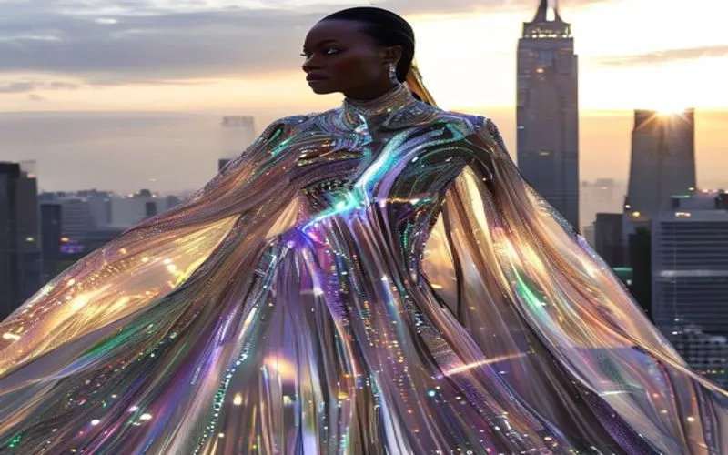 Gaya futuristik di runway, cahaya keemasan, detail mewah