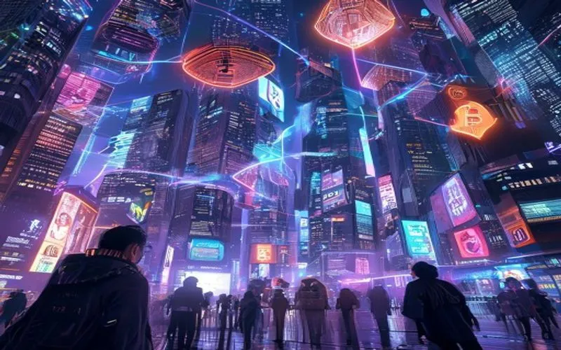 Kota futuristik neon, blockchain, kripto, Web3, cyberpunk, penuh cahaya, interaksi digital