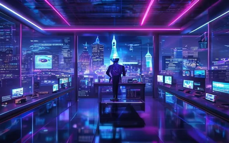 Berita teknologi futuristik dengan hologram, AI, dan kota pintar