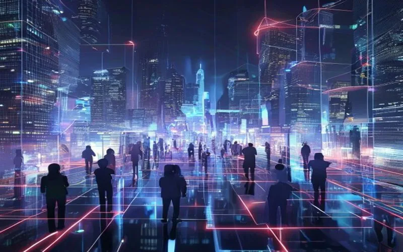 Kota futuristik pada malam hari dengan hologram komunikasi