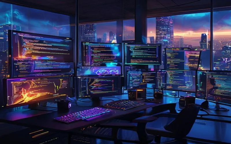 Ruang kerja futuristik menampilkan kode berbagai bahasa pemrograman