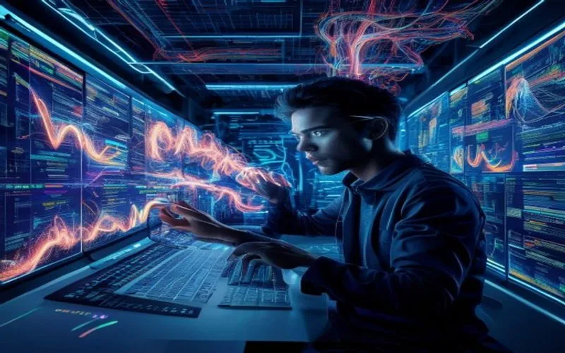 Spesialis SEO mengoptimasi situs web sebagai ekosistem digital bercahaya, penuh data dan algoritma.