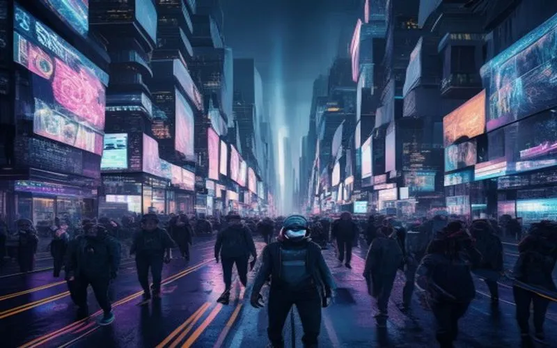 Manusia di kota futuristik, terhubung digital namun terpisah, di antara gemerlap teknologi dan alam yang menentang.