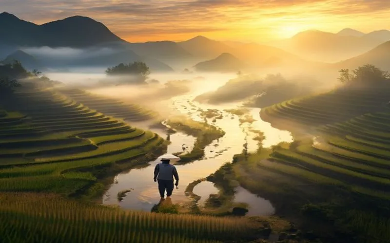 Petani tradisional menyusuri sawah terasering hijau di lembah saat matahari terbit