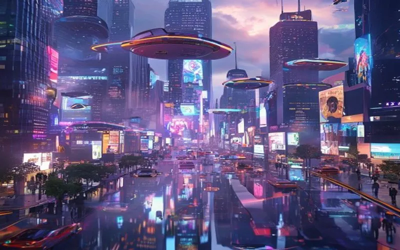 Futuristic city with advanced technology at night