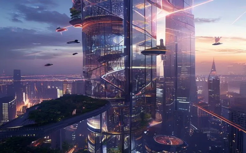 Futuristic megastructure with floating gardens in a neon city