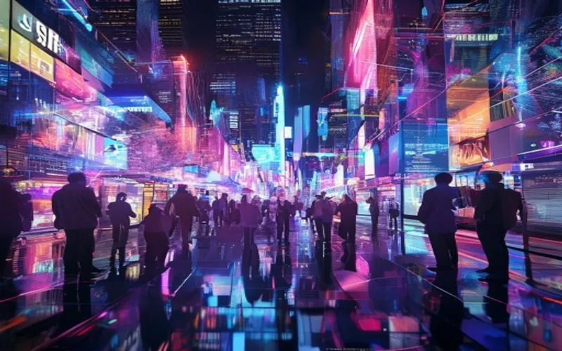 Futuristic communication in neon city, holograms connecting people