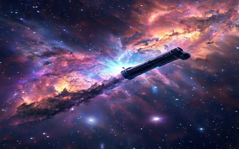 Pemandangan nebula megah dengan bintang ganda dan teleskop futuristik