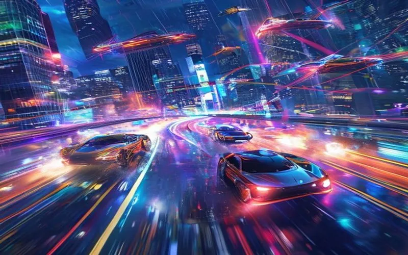 In a fast-paced, neon-lit metropolis, adrenaline-pumping races take place amidst towering buildings and cutting-edge technology. Motorized vehicles seamlessly blend with the urban landscape, showcasing their agility and power as they navigate through the chaos.