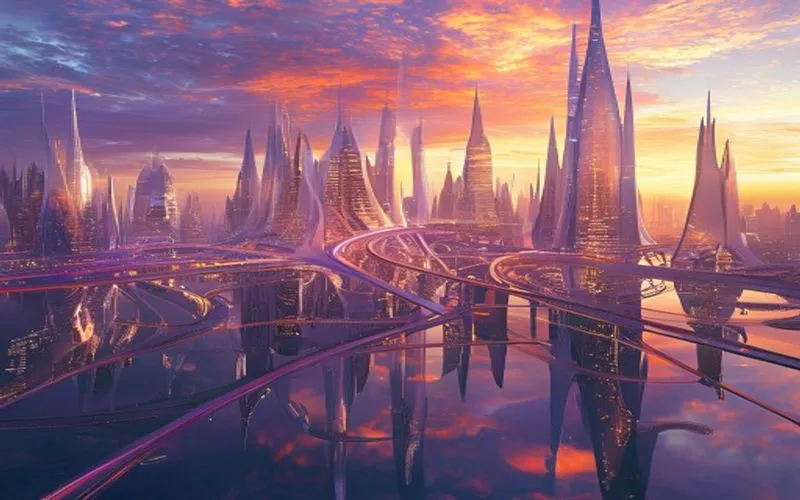 Futuristic city megastructure with glass towers and organic bridges.