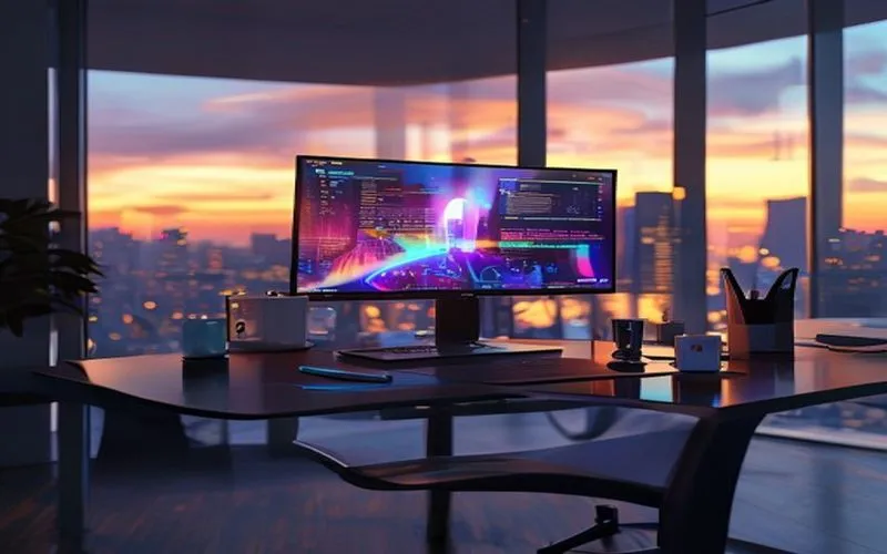 Tampilan aplikasi desktop futuristik di ruang kerja modern.