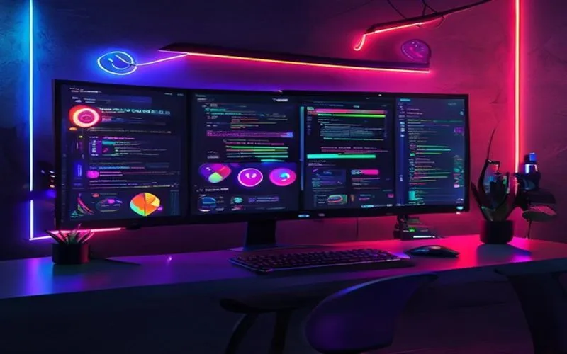 Dashboard website tools futuristik di monitor melengkung, cahaya neon ambient