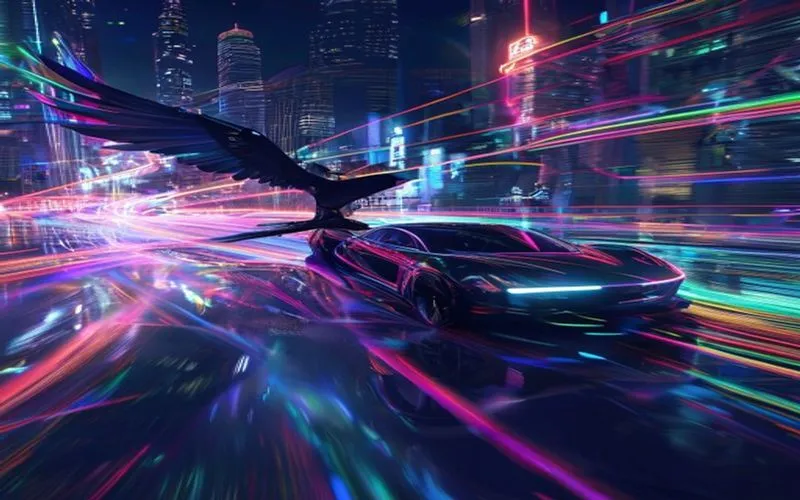 Mobil hitam futuristik bergerak cepat di kota modern malam hari dengan jalur lingkaran di atas air