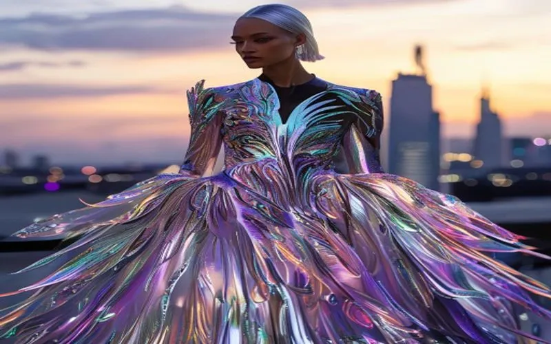 Futuristic fashion gala with holographic phoenix gowns