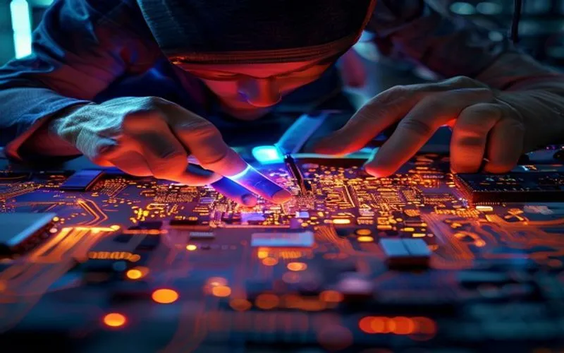 Engineer assembling microchip with cinematic lighting