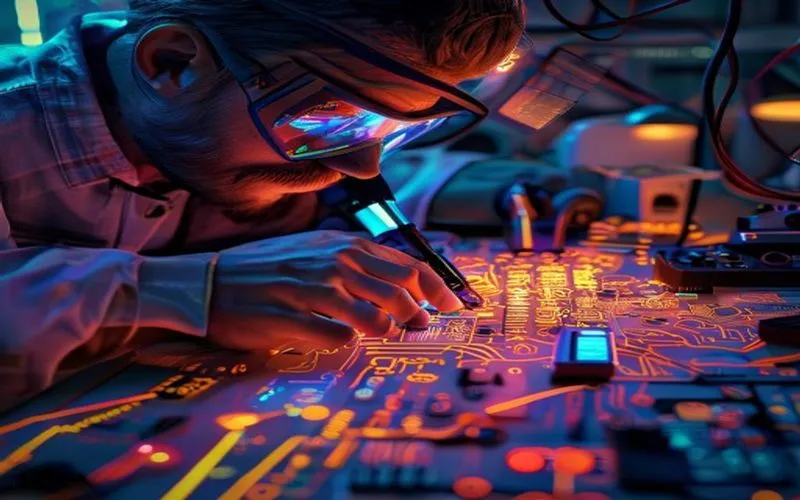 Insinyur merakit perangkat elektronik futuristik di meja kerja