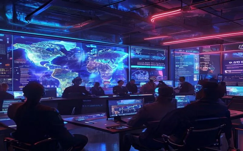 Futuristic newsroom displaying the latest technology trends.