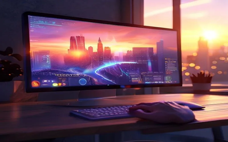Futuristic desktop application interface on a modern desk
