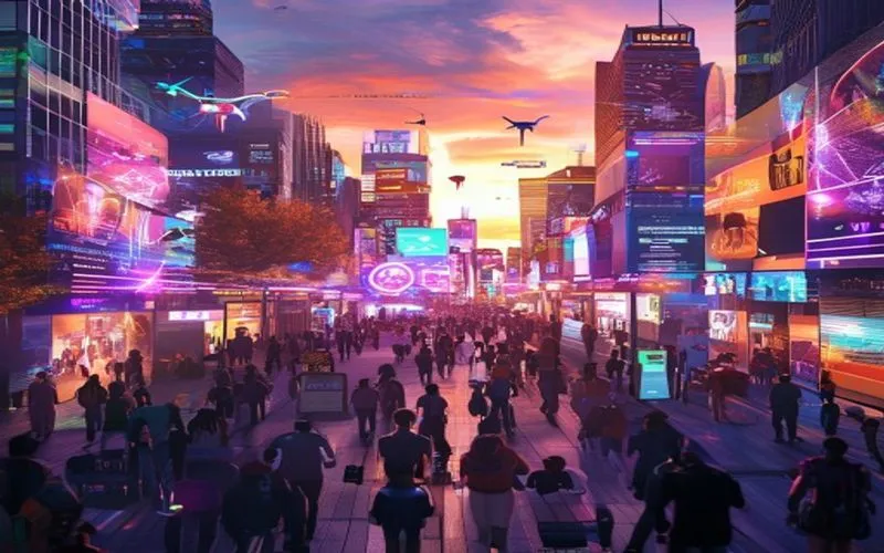 Kehidupan kota futuristik dengan teknologi canggih berinteraksi masyarakat