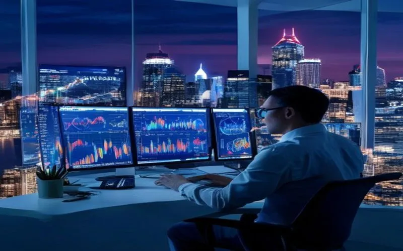 Gambar seorang ekonom mengulas data ekonomi di kantor terpadu
