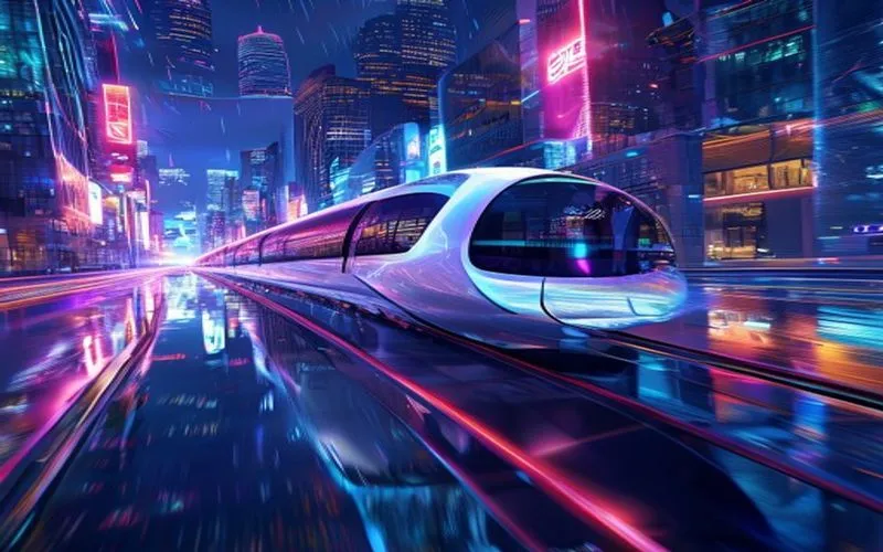 Kereta maglev futuristik melaju di kota neon malam yang megah.
