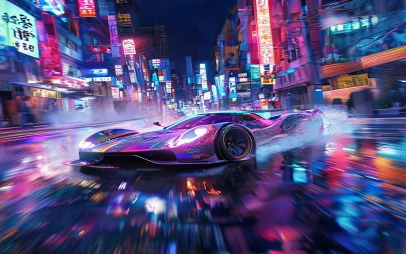 Mobil futuristik melaju di jalanan neon Tokyo malam hari