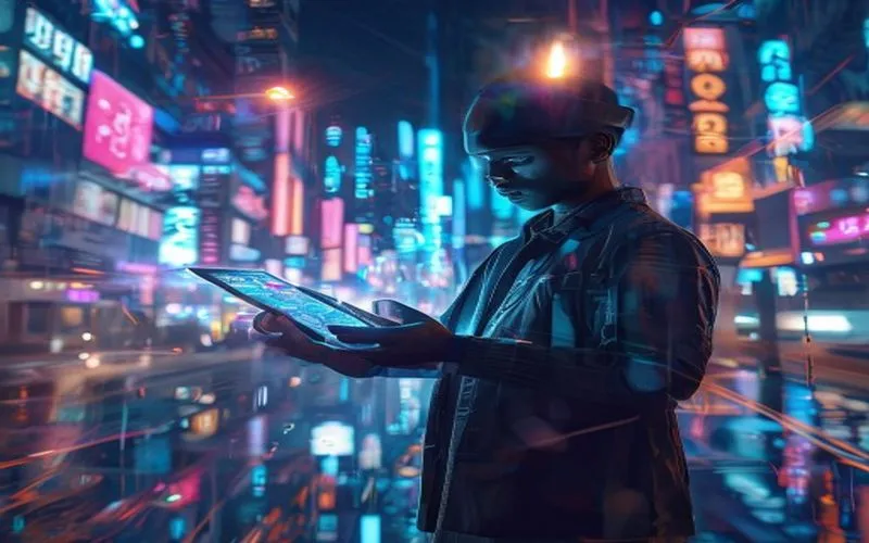 Gambaran futuristik keuangan digital dengan e-wallet holografik