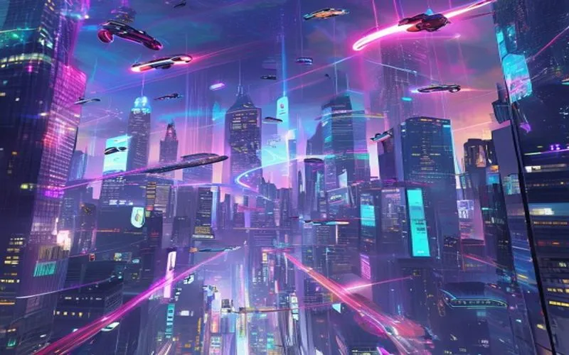 Futuristic city with fly cars, hologram marketing, robots, and AI assistants