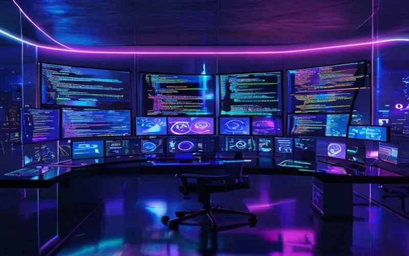 Futuristic workspace with code