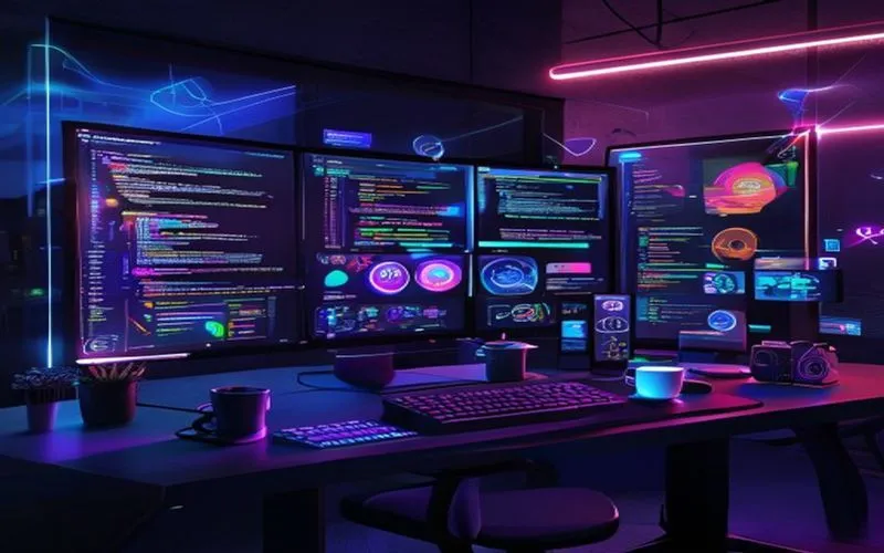 Futuristic workspace with various high-tech website tools.